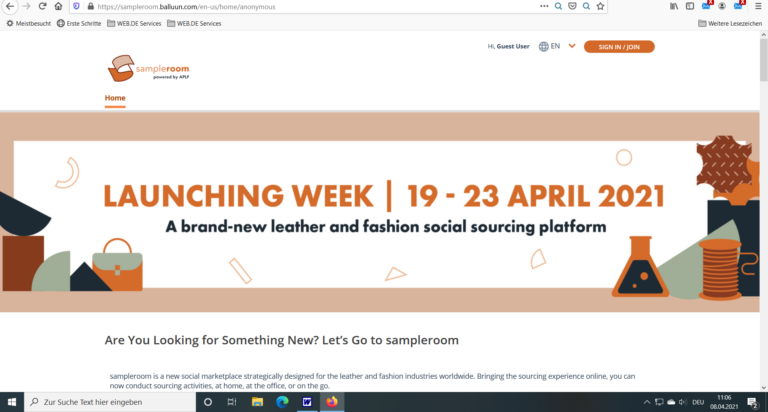 Startseite von Sampleroom mit Ankündigung der Launching Week vom 19.-23. April 2021 für eine neue Leder- und Fashion-Sourcing-Plattform.