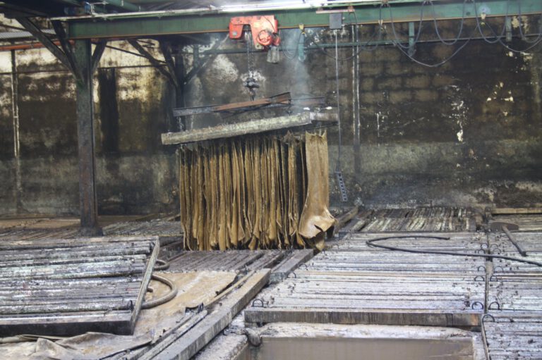 Lederfelle hängen zum Trocknen über einer Rinne in der Lederfabrik, dahinter sichtbar Produktionsanlagen und Behälter.