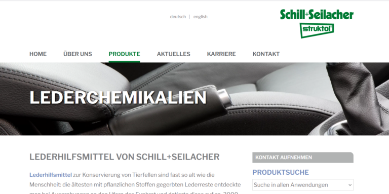 Lederchemikalien-Website mit Produktinformationen und Navigationselementen zur Konservierung von Tierfellen