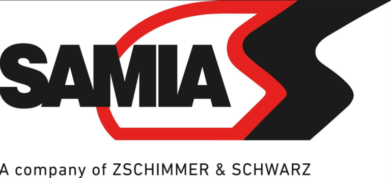 SAMIA Logo mit schwarzem Pfeil und rotem Rahmen, Schriftzug "A company of ZSCHIMMER & SCHWARZ