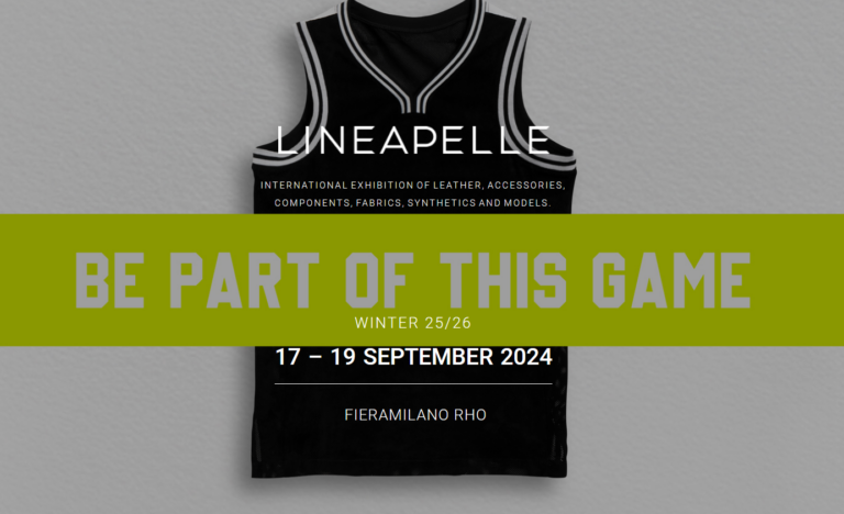 Werbeplakat für Lineapelle Ledermesse mit schwarzem Basketball-Trikot, grünem Banner mit Aufschrift "Be Part Of This Game", Termin 17.-19. September 2