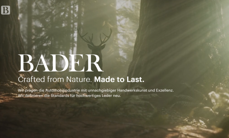 Waldwald mit Sonnenlicht und Hirschgeweih, Bader-Logo mit Schrift "Crafted from Nature. Made to Last.