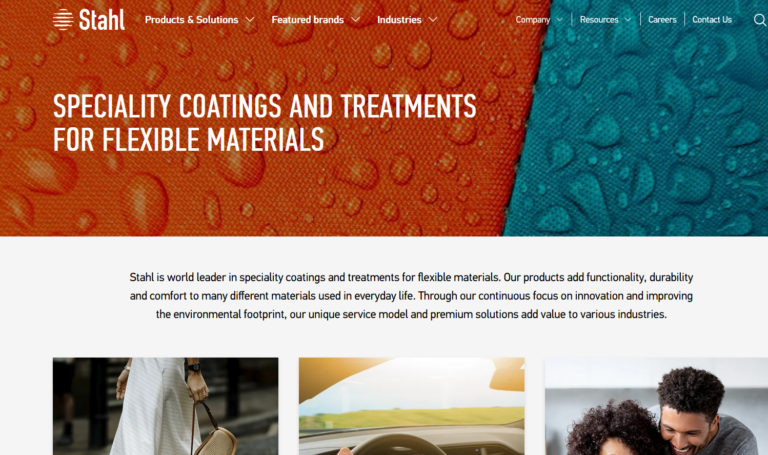 Stahl-Website mit Produktinformationen zu Spezialbeschichtungen und Behandlungen für flexible Materialien