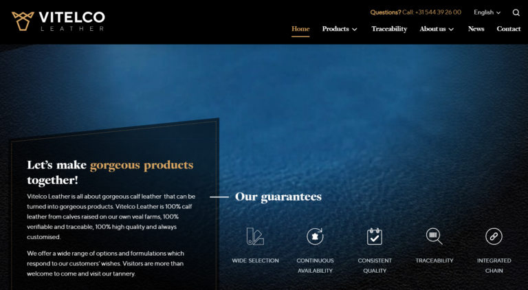 Vitelco Leather Startseite mit Claim "Let's make gorgeous products together" und Auflistung von fünf Garantien: Große Auswahl, kontinuierliche Verfügb