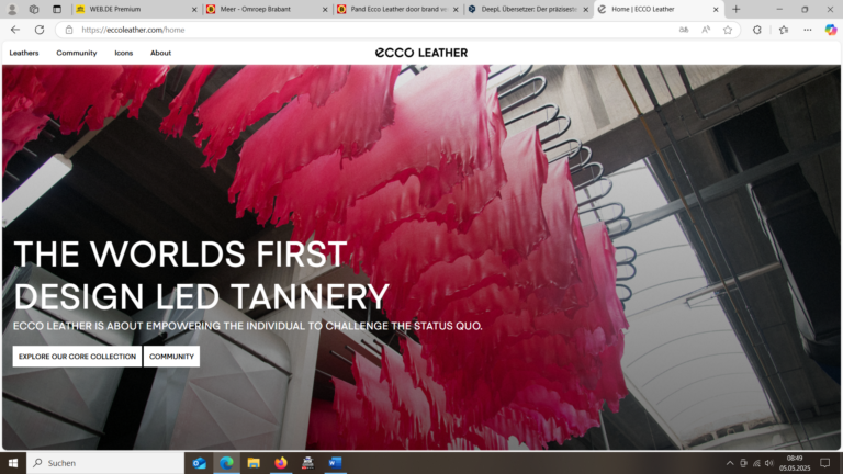 Ecco Leather Gerberei mit rosa gefärbten Lederhäuten an Trockneranlage in Produktionshalle