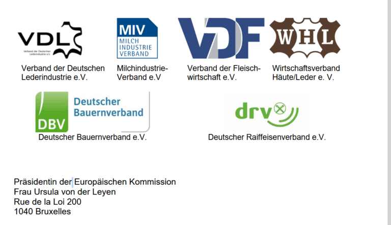 Logos von sechs deutschen Wirtschaftsverbänden der Leder-, Fleisch- und Landwirtschaftsindustrie mit Adresse der EU-Kommissionspräsidentin.