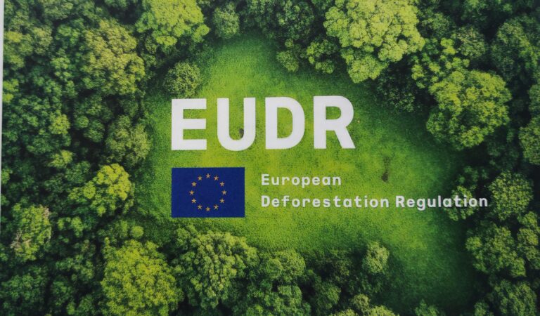 Luftaufnahme eines grünen Waldes mit weißem EUDR-Text und EU-Flaggen-Logo zur European Deforestation Regulation.