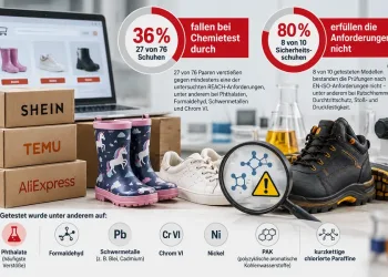 Sicherheitsstudie zu Schuhen von Online-Händlern: 36% fielen beim Chemietest durch, 80% erfüllten Sicherheitsanforderungen nicht. Getestete Schadstoff