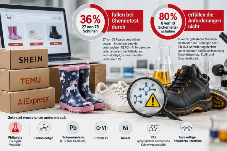 Sicherheitsstudie zu Schuhen von Online-Händlern: 36% fielen beim Chemietest durch, 80% erfüllten Sicherheitsanforderungen nicht. Getestete Schadstoff