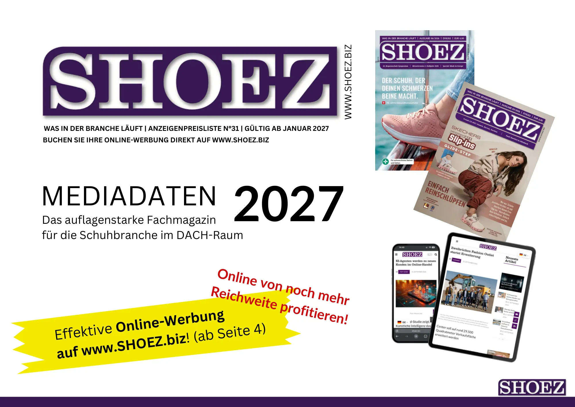 SHOEZ Mediadaten 2027: Fachmagazin für die Schuhbranche im DACH-Raum mit Print- und Online-Werbemöglichkeiten auf www.SHOEZ.biz